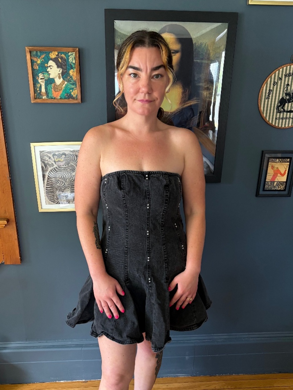 🖤 Strapless Black Denim Mini Dress with Stud Detail 🖤